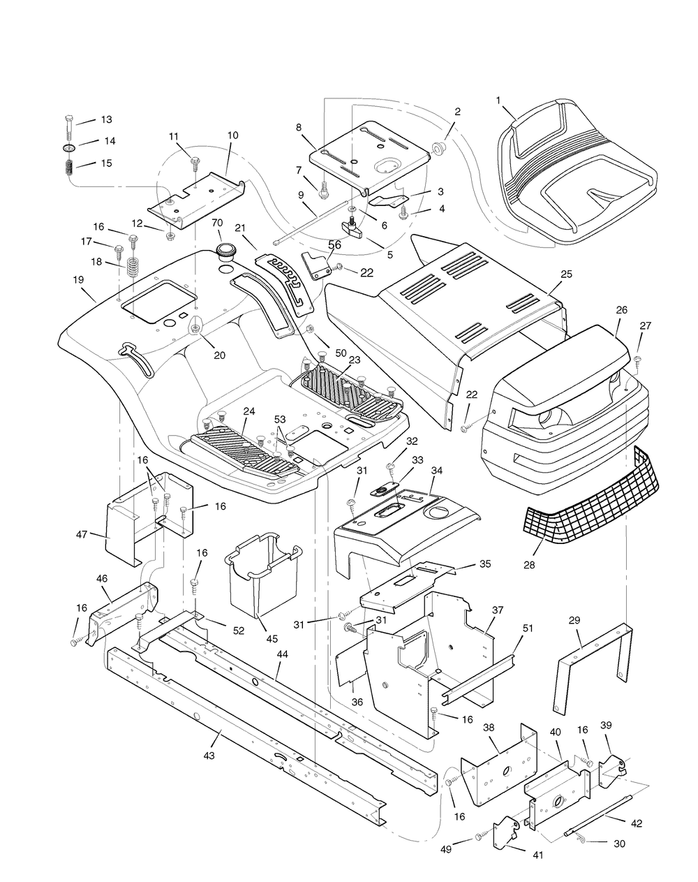 Chassis And Hood Diagram and Parts List for 385002X190A-552544 2006 Briggs and Stratton Lawn Tractor